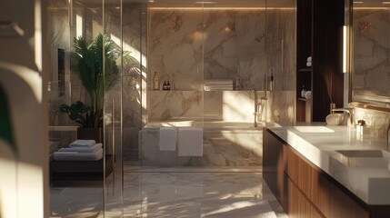 Fototapeta premium Elegant bathroom with a luxurious marble tub, walk-in shower, and modern decor, beautifully rendered with VRay tracing in Unreal Engine