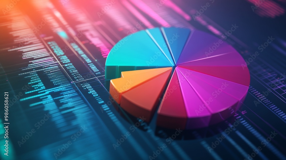 Poster a colorful 3d pie chart with distinct segments, each representing different financial data, floating