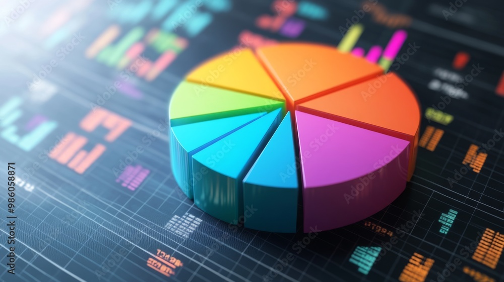 Poster a colorful 3d pie chart with distinct segments, each representing different financial data, floating
