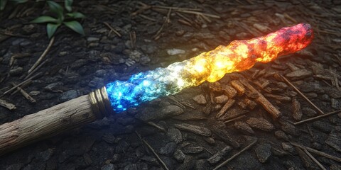 A glowing magical staff with a wooden handle and a vibrant blue, yellow, and red core on a dark forest floor