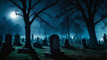 A spooky, foggy night in a haunted graveyard, with a full moon casting eerie shadows on the tombstones