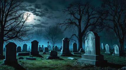 A spooky, foggy night in a haunted graveyard, with a full moon casting eerie shadows on the tombstones