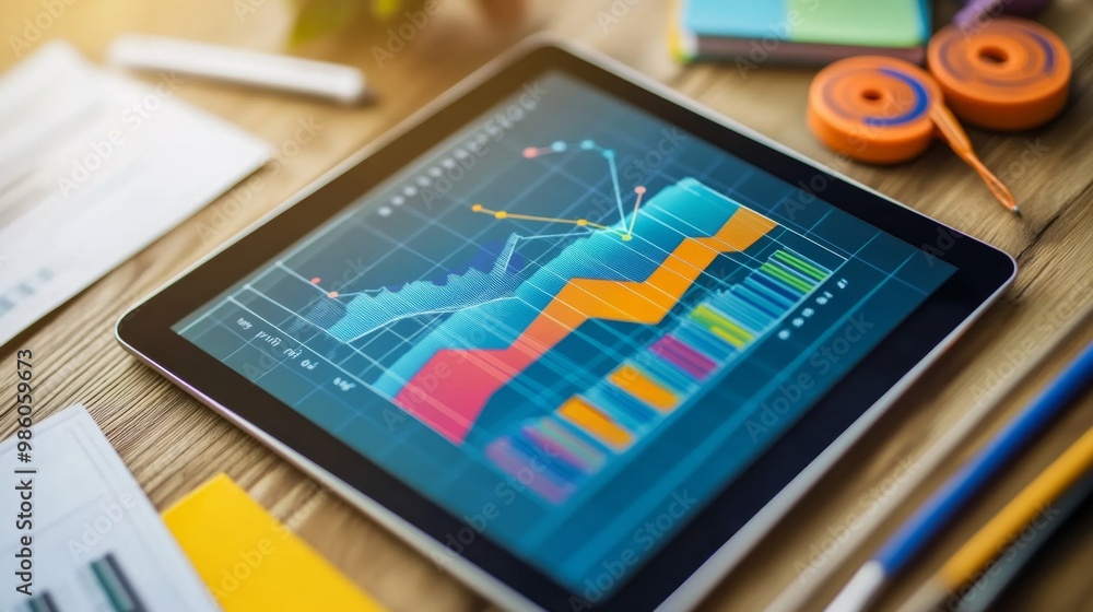 Aufkleber A colorful financial line graph on a tablet screen, with various data points showing trends and changes in market dynamics, surrounded by office supplies.