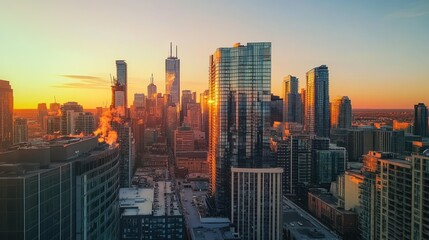 Obraz premium Golden hour cityscape with skyscrapers reflecting the sunset.