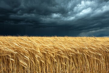 Storm Clouds Over Wheat Field. Golden wheat field in autumn. Ominous Cloud Formation.