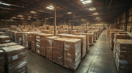 A large warehouse filled with stacked cardboard boxes, showcasing the organized efficiency and vast quantities of goods stored within