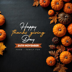 Happy thanks giving day message November greeting social media post pumkin autumn leaves candles
