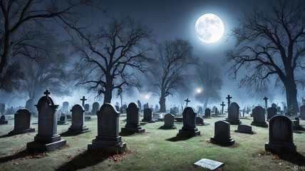 A spooky, foggy night in a haunted graveyard, with a full moon casting eerie shadows on the tombstones