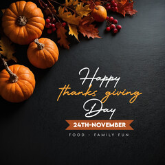 Happy thanks giving day message November greeting social media post pumkin autumn leaves candles