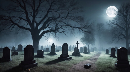 A spooky, foggy night in a haunted graveyard, with a full moon casting eerie shadows on the tombstones