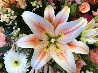A bouquet of lilies arranged beautifully with other soft-colored flowers