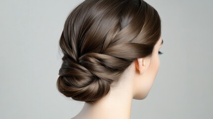 Naklejka premium Close-up tutorial of an elegant twisted bun with a plait for long hair, step-by-step hairstyle guide.