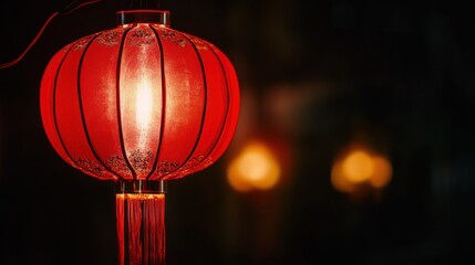 A single red lantern hanging with a light shining from inside.  The lantern has a fringe of red tassels.