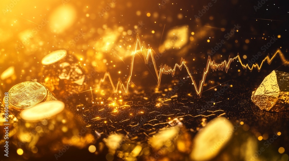 Poster a conceptual image of gold price trends with a graph overlaid on a background of gold bullion and co