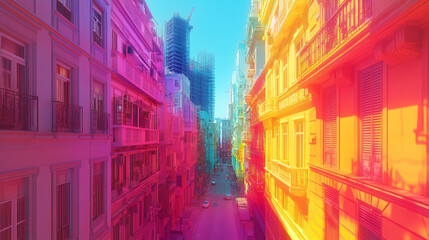 Obraz premium Brightly colored city streets showcase vibrant buildings with surreal blend of hues, creating energetic atmosphere. scene captures lively urban environment with construction in background