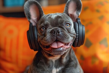 quirky portrait of smiling bulldog wearing oversized headphones vibrant pop art style background...