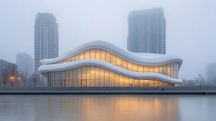 Fototapeta premium A modern architectural masterpiece with a flowing, wave-like facade, illuminated by warm interior lights and set against a misty urban backdrop