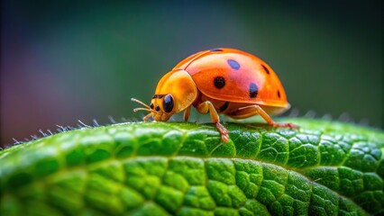 Fototapeta premium A tiny orange ladybug sits calmly on a delicate green leaf, its tiny features magnified as the background fades to a soft blur.