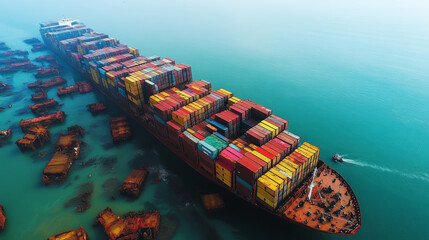 Fototapeta premium large cargo ship loaded with colorful containers is anchored in calm waters, showcasing scale of maritime trade and logistics. vibrant colors of containers contrast beautifully with serene blue of