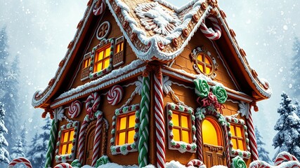 Obraz premium A traditional German-style gingerbread house stands tall, adorned with intricate icing designs and candy canes, its warm golden hue inviting and festive amidst a snowy winter wonderland backdrop.