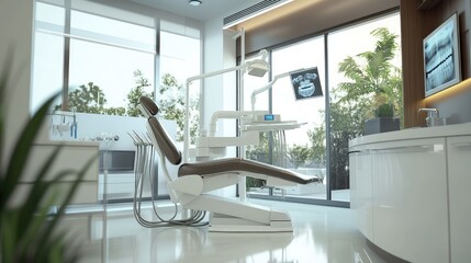 Dentist office featuring a state-of-the-art dentist's chair, dental tools, and sleek design elements. Focus on hygiene and patient care