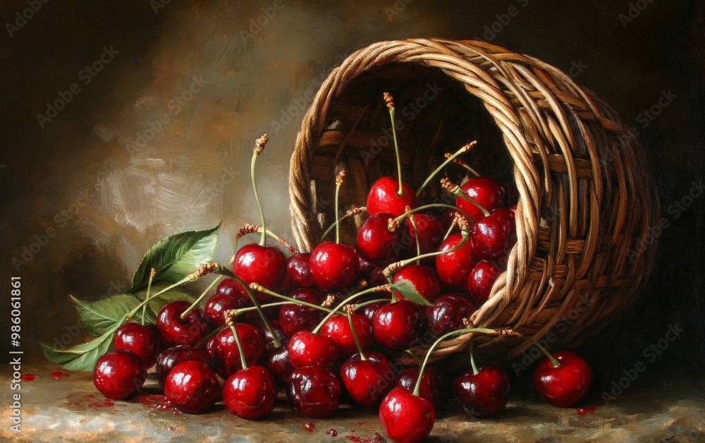 Wall mural a bunch of cherries spilling out of a basket, ready to be enjoyed