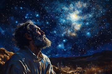 Fototapeta premium Abraham's Unwavering Faith Under a Starry Sky: A Glimpse of Divine Promise in an Oil Painting