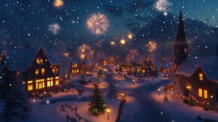 Fototapeta premium A charming winter village illuminated by festive fireworks, capturing the magic of a snowy night filled with joy and celebration.