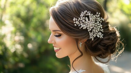 Elegant bridal hairstyle with loose curls and a sparkling hairpiece. The bride smiles softly, posing against a blurred garden background.