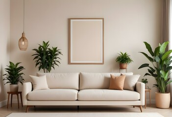 Obraz premium A modern, minimalist living room with a beige sofa, wooden frame, and decorative plants in the background.