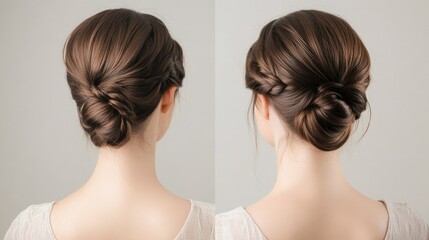 Elegant twisted bun with braid detail, long hair pinned up neatly in a simple yet chic tutorial shot.