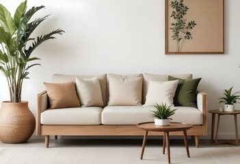 A modern, minimalist living room with a beige sofa, wooden frame, and decorative plants in the background.