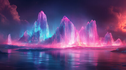 stunning landscape featuring floating islands made of glowing translucent crystals, illuminated in vibrant shades of pink and blue. serene water reflects ethereal beauty of scene, creating magical