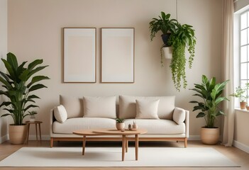 A modern, minimalist living room with a beige sofa, wooden frame, and decorative plants in the background.