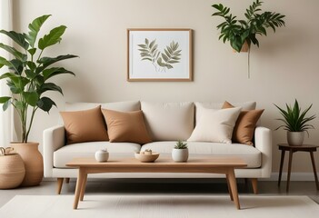 A modern, minimalist living room with a beige sofa, wooden frame, and decorative plants in the background.