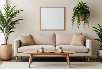A modern, minimalist living room with a beige sofa, wooden frame, and decorative plants in the background.