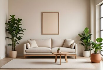 A modern, minimalist living room with a beige sofa, wooden frame, and decorative plants in the background.