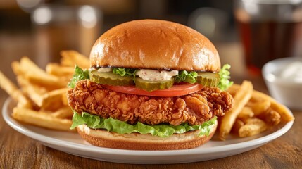 A crispy fried chicken sandwich with lettuce, tomato, and pickles on a toasted bun, presented on a clean white plate with a side of fries.