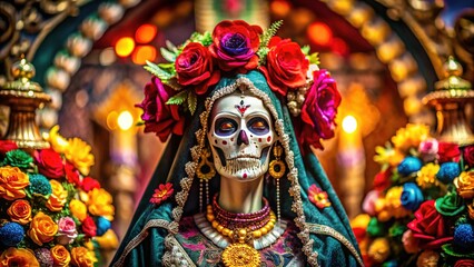 Obraz premium A vivid depiction of Santisima Muerte, adorned in vibrant hues, symbolizes both protection and death, embodying strength, reverence, and the cycle of life.