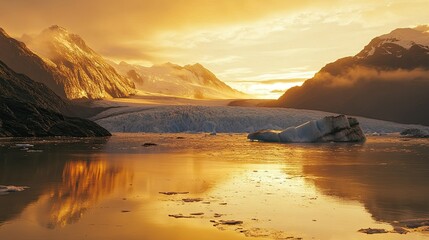 Obraz premium Mendenhall Glacier at dawn, with golden sunlight illuminating the icy surface and reflecting off the lake below, creating a tranquil scene.