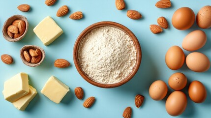 Flat lay of baking ingredients on a vibrant blue surface: eggs, butter, sugar, and almond nuts surround a bowl of flour. Sweet pastry baking concept.