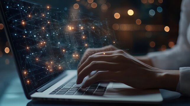 A person typing on a laptop with a digital network overlay, symbolizing technology and connectivity.