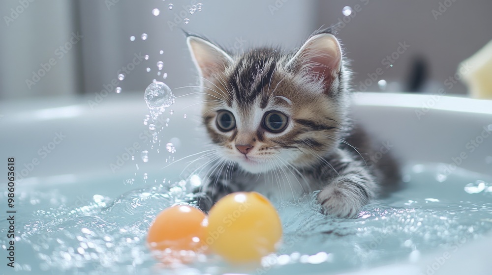 Poster a cute kitten playing with floating toys in a water-filled bathtub, with bubbles and water droplets 