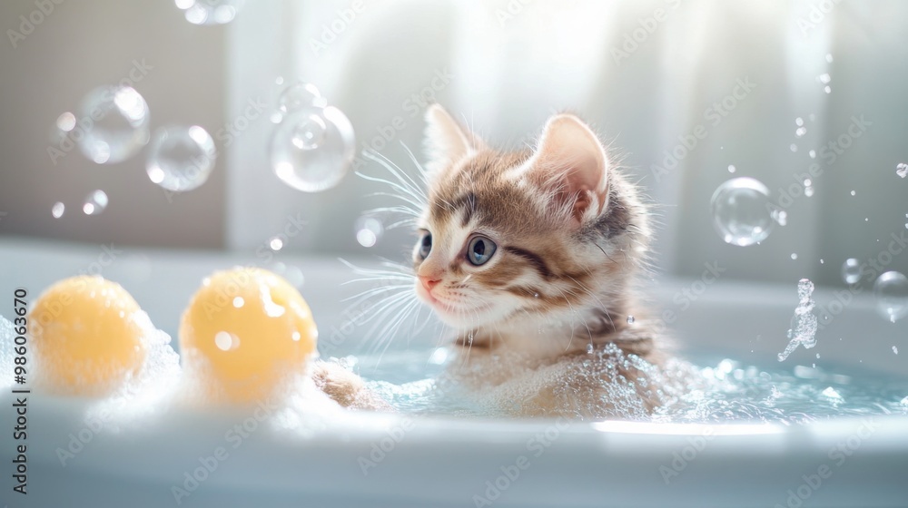 Poster a cute kitten playing with floating toys in a water-filled bathtub, with bubbles and water droplets 