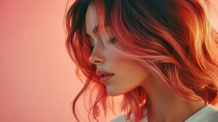 Naklejka premium Close up of a woman with pink hair looking down.