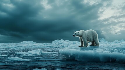 Polar Bear Standing Ice Arctic Snow. Climate Change. Melting Iceberg Glacier.