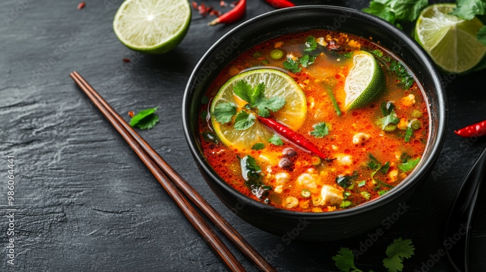 Wall mural A delicious bowl of hot, tangy tom yum goong soup, garnished with lime slices, Thai basil, and chili, served with a pair of chopsticks and a spoon