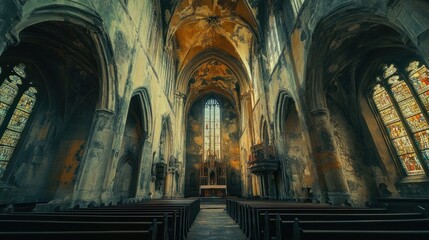 Fototapeta premium Empty church pews in a weathered, historical building.