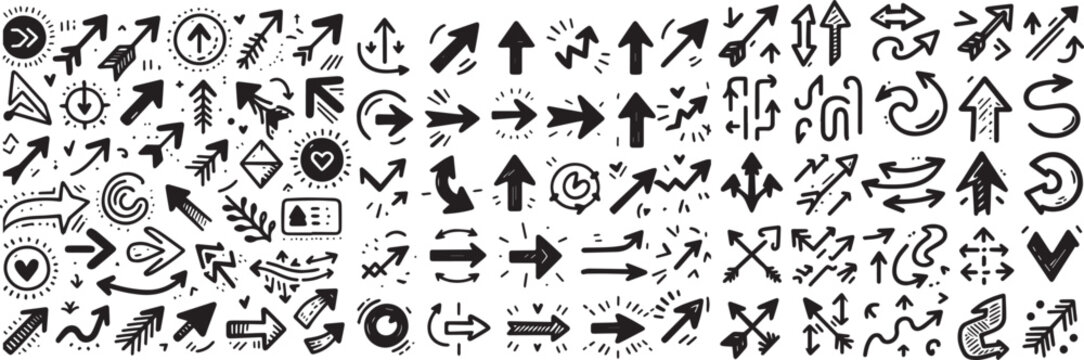 Collection hand drawn arrows. Set simple arrows isolated on white background. Arrow icon collection. Set of black arrow signs. Hand drawn arrow mark icons vector