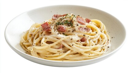 A delicious Italian carbonara pasta with creamy sauce, pancetta, and black pepper, served in a white bowl with a simple white background for a classic presentation.